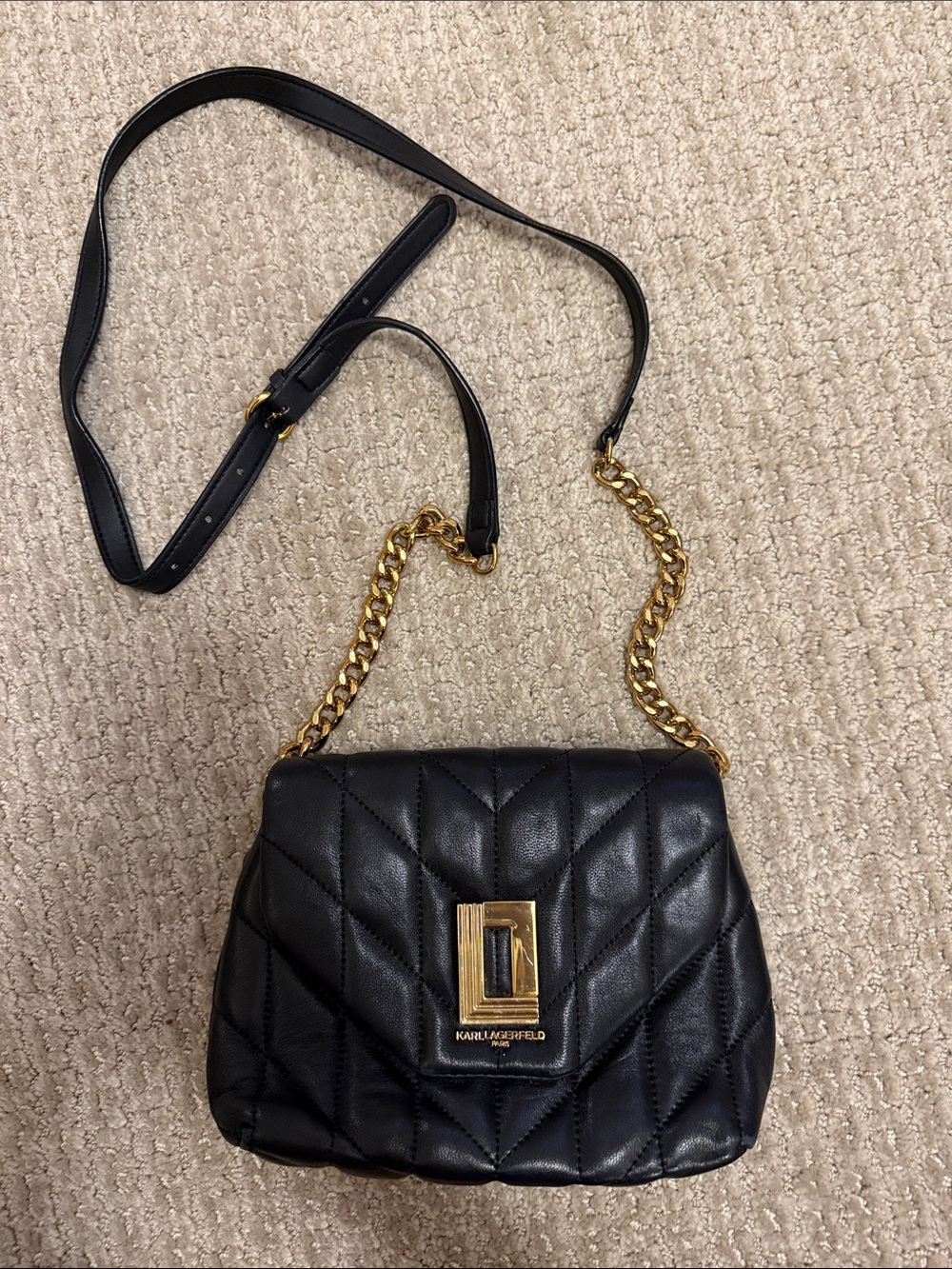 Karl Lagerfeld Black Quilted Shoulder Bag with Gold Chain Detail